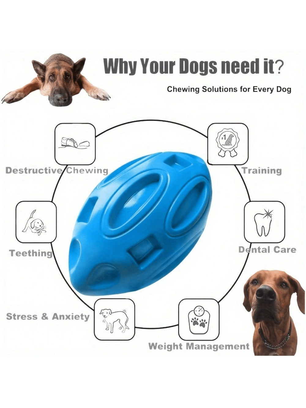 Indestructible Dog Chew Toy - 1個入り 破壊不可能な鳴り笛付きラグビーボール 犬用噛むおもちゃ 耐久性のあるゴムボール 極端に噛む犬用 歯磨き遊び