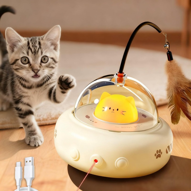 Laser Pointer Cat Toy Automatic - 低騒音2in1充電式インタラクティブ猫用おもちゃ 室内猫用セルフプレイ自動子猫用おもちゃ フェザーワンドレーザーポインター