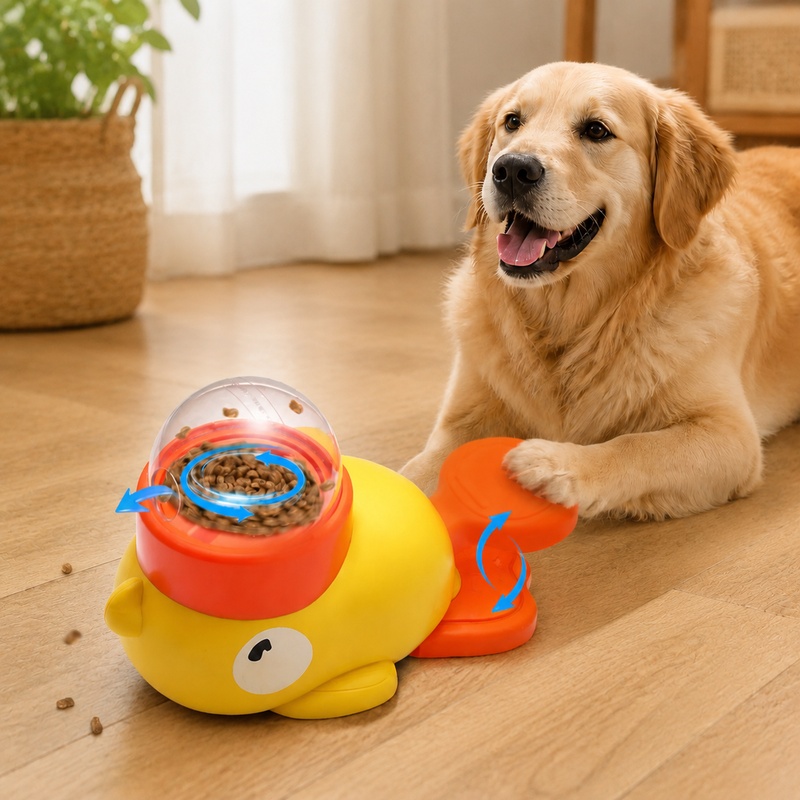 Dog Puzzle Feeder Toy - 漫画のアヒルの形をしたインタラクティブなペットトレーナーおもちゃ、自動的にゆっくりとおやつを放出する犬用おやつフィーダー