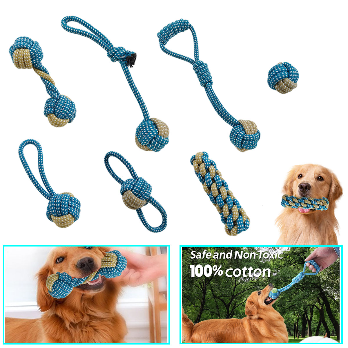 Teeth Cleaning Dog Chew Bone - 新しい7個入りペット用犬子犬用ダブルノット噛むおもちゃ、歯のクリーニングに役立つ丈夫な編み込み骨型ロープ、ペット用臼歯おもちゃ、ペット用品