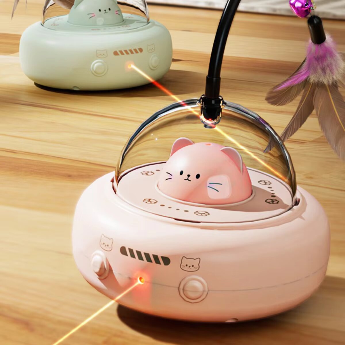 Laser Pointer Cat Toy Automatic - 3-in-1自動猫じゃらしロボット、羽根付きワンド、レーザーポインター＆フォグライト、インテリジェント障害物回避機能、USB充電式