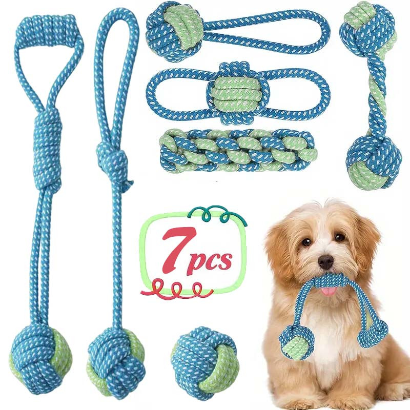 Dog Rope Toy Aggressive Chewers - 7個入りインタラクティブノットトイ耐久性トレーニングセット、犬用ロープ噛むおもちゃ、歯が生える子犬や攻撃的な噛むおもちゃ、屋内/屋外遊び用