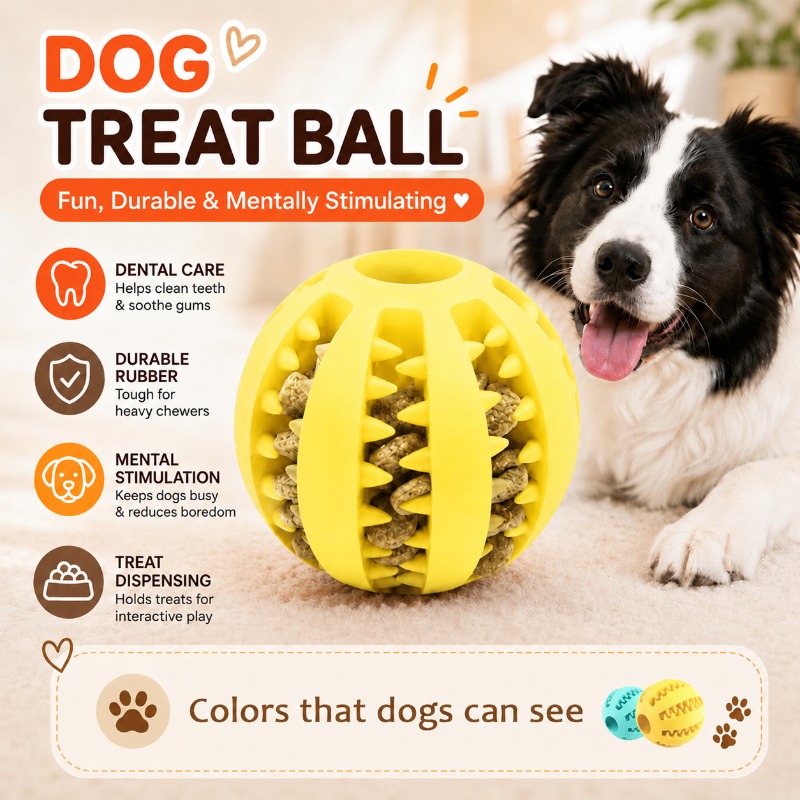 Rubber Treat Dispensing Dog Toy - 1個入り犬用おやつボール、インタラクティブフードディスペンシングパズルおもちゃ、犬の歯固めデンタルチューイングボール、IQトレーニングペット用噛むおもちゃ、退屈解消