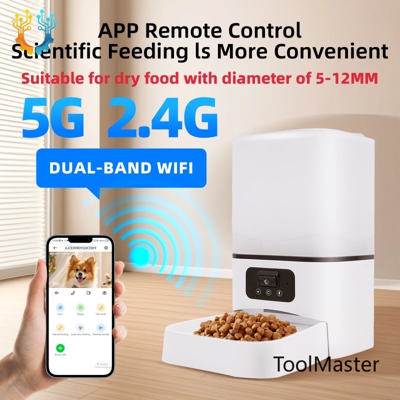 Pet Feeders - 【2026】6Lインテリジェント自動給餌器、ナイトビジョンカメラ付き、ドライフード対応、ペット用音声録音機能搭載、猫と犬用F