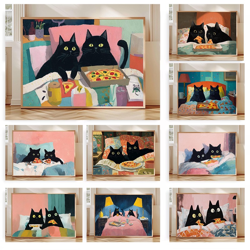 Pet Beds - ベッドでピザを食べる2匹の黒猫のポスター、パステルカラーで面白い動物、かわいい猫のペットキャンバス絵画、リビングルームの家の装飾用ウォールアート