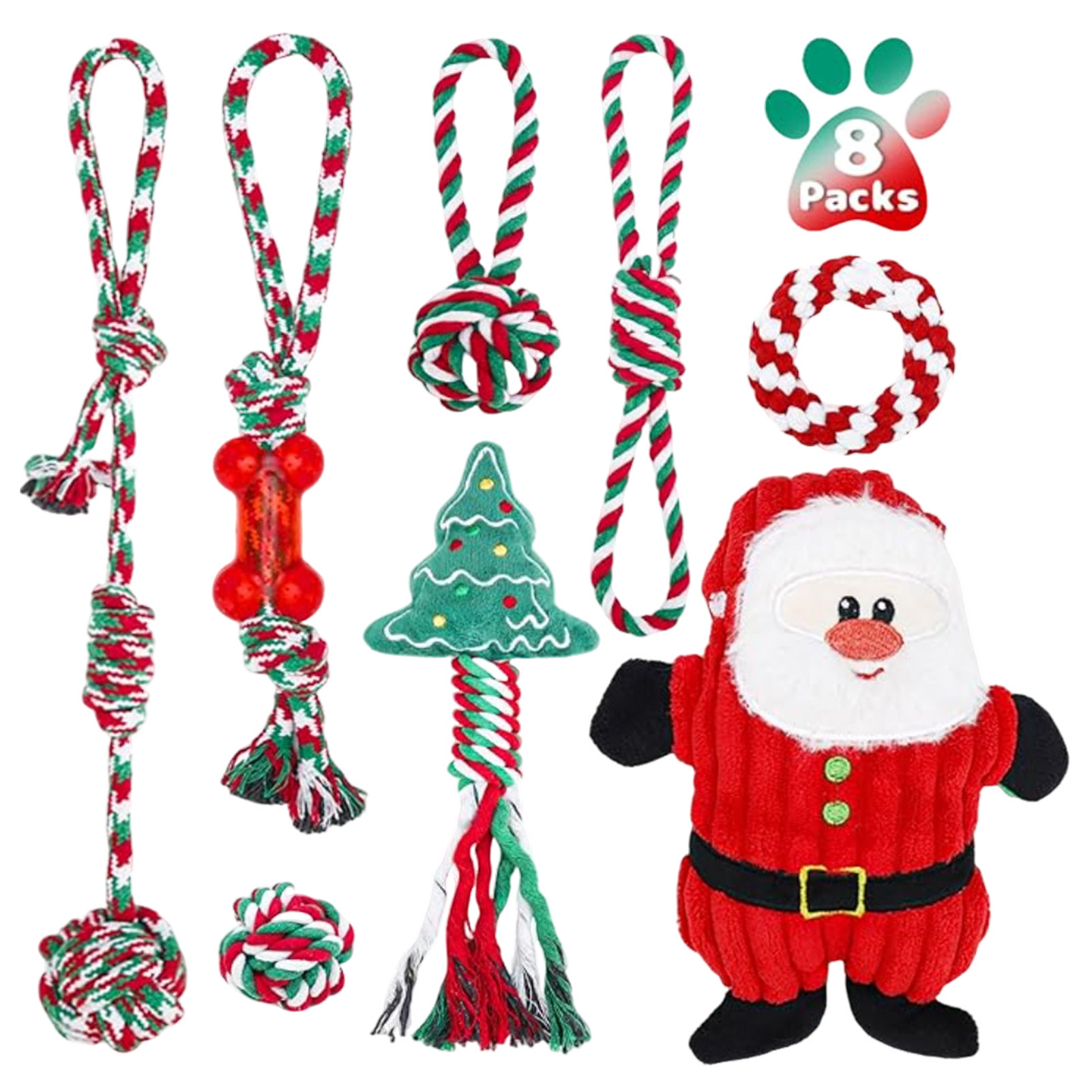 Dog Rope Toy Aggressive Chewers - 犬用噛むロープおもちゃセット クリスマスロープ結び目子犬用歯固めおもちゃ 歯ぎしりスティック 布製ストリップ 攻撃的な噛み癖のある犬に最適