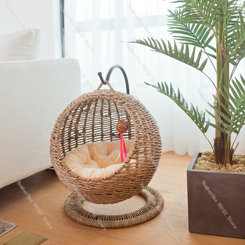 籐製猫用ハンギングバスケットベッド、丸型半密閉型ハンモックス - Pet Beds のレビューと価格